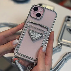 Luxury 3d Plating Silver Clear Wallet with Hand Strap Case For iPhone 15 Pro