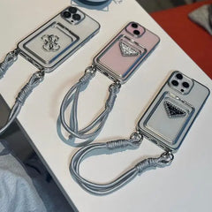 Luxury 3d Plating Silver Clear Wallet with Hand Strap Case For iPhone 15 Pro