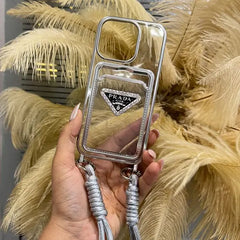 Luxury 3d Plating Silver Clear Wallet with Hand Strap Case For iPhone 15 Pro