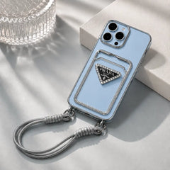 Luxury Brand 3D Silver Plated Black Logo Wallet Clear Case with Crossbody Strap For iPhone