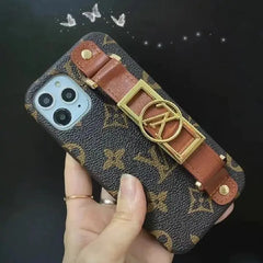 iPhone 14 Fashion Brand Leather Strap Back Case
