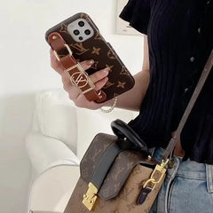 iPhone 14 Fashion Brand Leather Strap Back Case