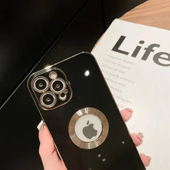 iPhone 14 Luxury Plating Camera Protection Logo Cut Soft Case – Black