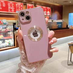 iPhone 14 Luxury Plating Camera Protection Logo Cut Soft Case – Pink