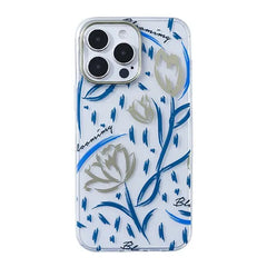 iPhone 15 Pro Max Mikalen Gold Blue Floral Print Clear Mobile Case