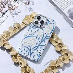 iPhone 15 Pro Max Mikalen Gold Blue Floral Print Clear Mobile Case