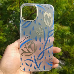 iPhone 15 Pro Max Mikalen Gold Blue Floral Print Clear Mobile Case