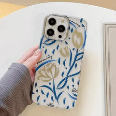 iPhone 15 Pro Max Mikalen Gold Blue Floral Print Clear Mobile Case