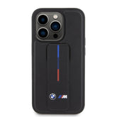 iPhone 15 Pro BMW Black Leather Case with Grip Stand