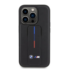 iPhone 15 BMW Black Leather Case with Grip Stand