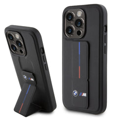 iPhone 15 BMW Black Leather Case with Grip Stand