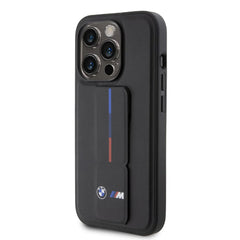 iPhone 15 BMW Black Leather Case with Grip Stand