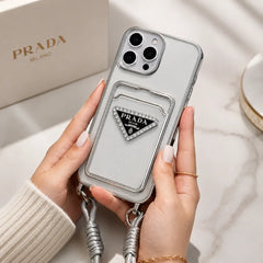 Luxury Brand 3D Silver Plated Black Logo Wallet Clear Case with Crossbody Strap For iPhone