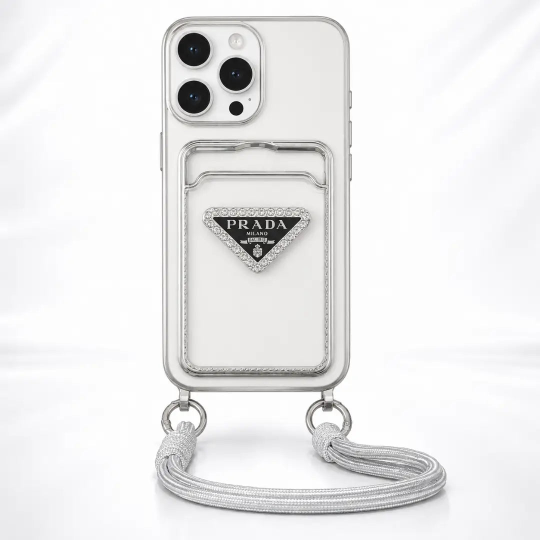 Luxury Brand 3D Silver Plated Black Logo Wallet Clear Case with Crossbody Strap For iPhone