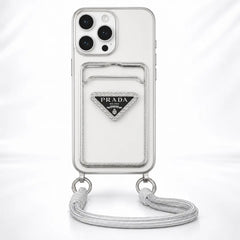 Luxury Brand 3D Silver Plated Black Logo Wallet Clear Case with Crossbody Strap For iPhone