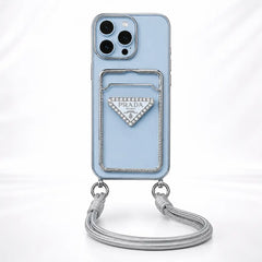 Luxury Brand 3D Silver Plated White Logo Wallet Clear Case with Crossbody Strap For iPhone