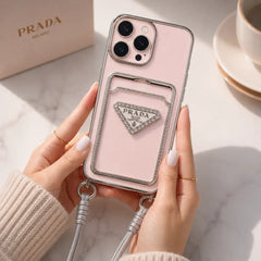 Luxury Brand 3D Silver Plated White Logo Wallet Clear Case with Crossbody Strap For iPhone