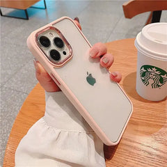 iPhone 14 Pro Luxury Metal Camera Protection Shockproof Armor Clear Case – Pink