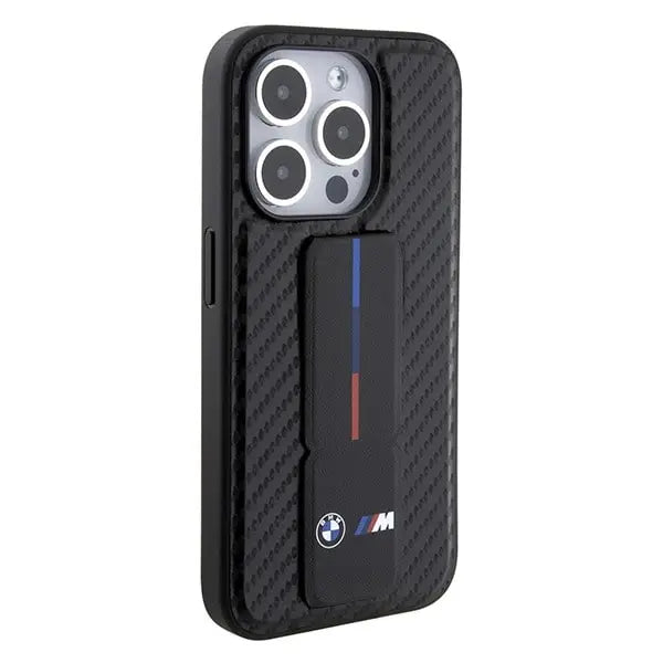 iPhone 15 BMW Black Carbon Design Leather Case with Grip Stand