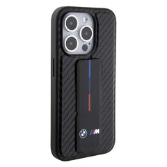 iPhone 15 BMW Black Carbon Design Leather Case with Grip Stand