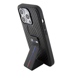 iPhone 15 BMW Black Carbon Design Leather Case with Grip Stand