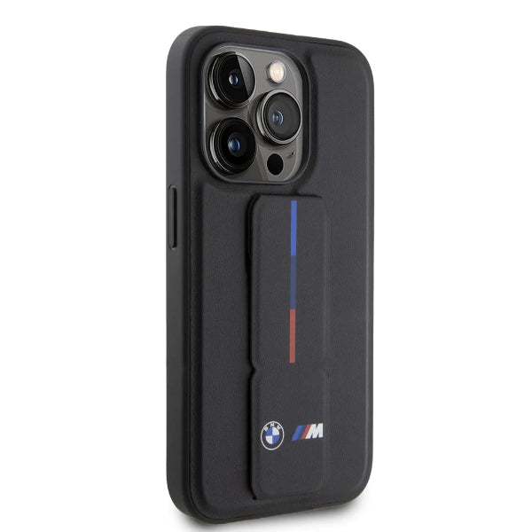 iPhone 15 Pro BMW Black Leather Case with Grip Stand