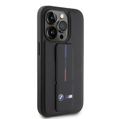 iPhone 15 Pro BMW Black Leather Case with Grip Stand