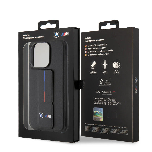 iPhone 15 Pro BMW Black Leather Case with Grip Stand