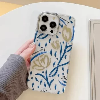 Mikalen Gold Blue Floral Print Clear Mobile Case For iPhone 15 Pro Max
