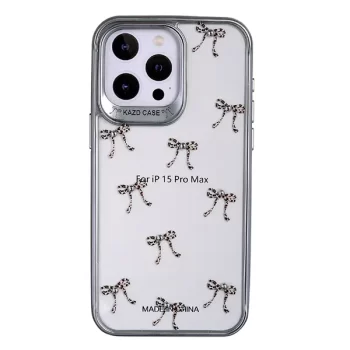iPhone 15 Pro Max Bow Print Clear Phone Cover With Metal Finish