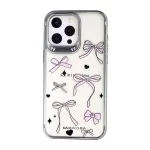 iPhone 15 Pro Max Luxury Pink Bow Print Clear Phone Cover With Metal Finish